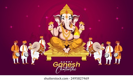 Indisches religiöses Festival Ganesh Chaturthi Vorlage Design von Lord Ganpati Hintergrund mit Marronenfarbe mit rosa Stern Tanzende Damen Marathi Tanz Musikinstrument wie dhol tasha