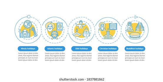 Indian religious holidays vector infographic template. Hindu holidays. Presentation design elements. Data visualization with 5 steps. Process timeline chart. Workflow layout with linear icons