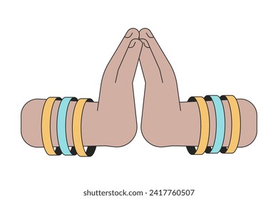 Religiosa india rezando manos, caricatura lineal, ilustraciones de mano. Imagen vectorial 2D con contorno de abono tradicional, fondo blanco. Festival de las luces festival hindú editable de color plano clipart