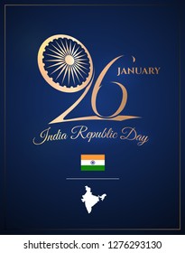 Indian republic day 26 January color design concept. Vector Illustration. National celebrating poster. India wheel symbol and gold text with map.