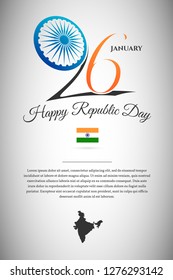 Indian republic day 26 January color design concept. Vector Illustration. National celebrating banner. India wheel symbol and text with map.