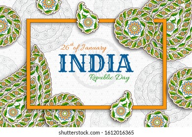 Indian Republic Day background with paisley and mandala. Greeting card, banner or poster with arabesque floral pattern. Vector illustration