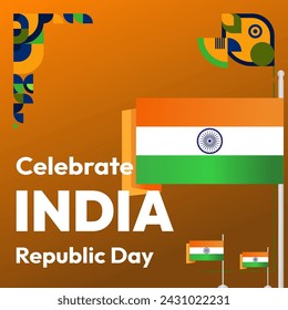 Indian Republic Day banner in modern geometric style. Square banner for social media and more with typography. Vector illustration for national holiday celebration party. Happy Republic Day 26 January