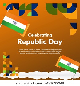 Indian Republic Day banner in modern geometric style. Square banner for social media and more with typography. Vector illustration for national holiday celebration party. Happy Republic Day 26 January