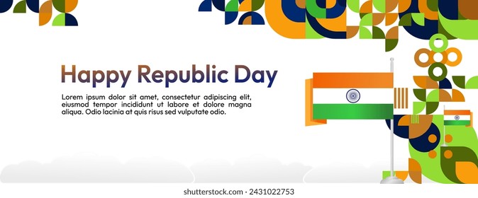 Indian Republic Day banner in modern geometric style. Wide banner for ads, social media and more with typography. Illustration for national holiday celebration party. Happy Republic Day 26 January