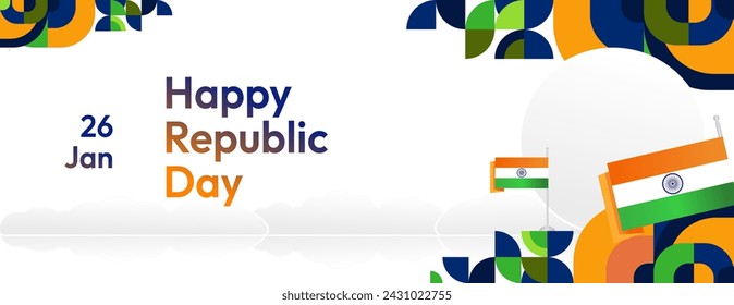 Indian Republic Day banner in modern geometric style. Wide banner for ads, social media and more with typography. Illustration for national holiday celebration party. Happy Republic Day 26 January