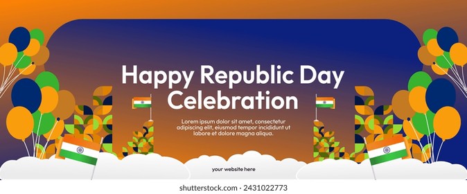 Indian Republic Day banner in modern geometric style. Wide banner for ads, social media and more with typography. Illustration for national holiday celebration party. Happy Republic Day 26 January