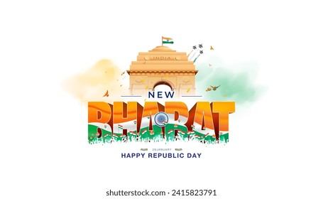 Indian Republic Day celebration background. India gate patriotic parade show with Bharat 3d text and tricolor post banner design. Vector illustration.