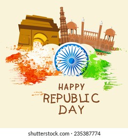 Indian Republic Day celebration concept with Ashoka Wheel, famous historical monuments and splash in national flag color.