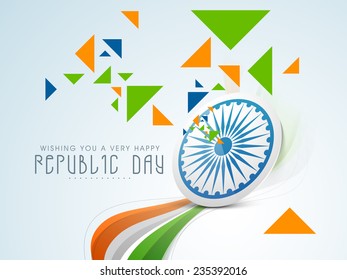 Indian Republic Day celebration concept with Ashoka Wheel, national tricolor waves and triangles in green, saffron and blue color.