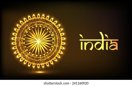 Indian Republic Day celebration with floral decorated golden Ashoka Wheel and stylish text India on brown background.