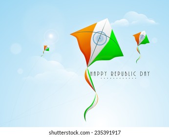 Indian Republic Day celebration with flying kites in national flag color on nature view background.