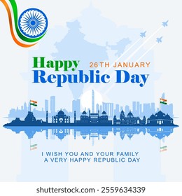 Indian Republic Day Celebration Greeting Card with skyscraper silhouettes, historical buildings and Text. Happy Republic Day India Social Media Post and Flyer Template. 26 January.