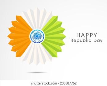 Indian Republic Day celebration with paper design badge in national flag color and Ashoka Wheel on white background.