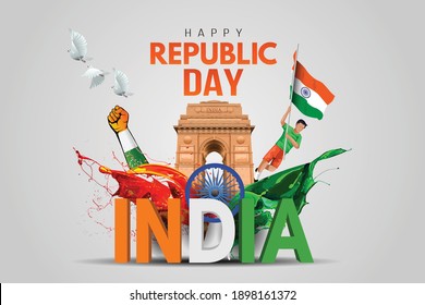 Indian republic Day celebrations with 26th January india 3d text and Ashoka Wheel, try color hand, man running with indian flag, india gate. vector illustration design