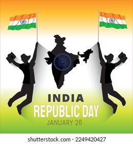 Indian republic Day celebrations with 26th January india and Ashoka Wheel, try color hand, man running with indian flag, india gate. vector illustration design