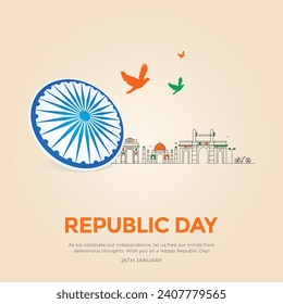 Celebraciones del Día de la República India con texto de la república del 26 de enero y rueda de Ashoka, prueba mano de color, hombre corriendo con bandera india, diseño de ilustración vectorial.
