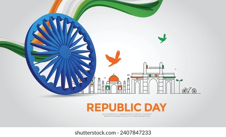 Indian republic Day celebrations with 26th January text and Ashoka Wheel, try color hand, India gate. vector illustration design.