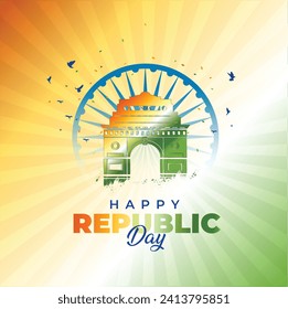 Indian republic Day celebrations with 26th January india, try color, with indian flag, india gate. vector illustration design