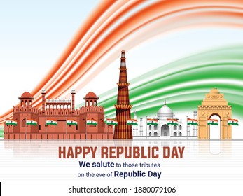 Concepto del Día de la República India con texto del 26 de enero. Ilustración vectorial. ilustración de los antecedentes indios que muestran su increíble cultura y diversidad con monumento.