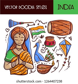 Indian Republic Day Doodle Icon Set. Vector Hand drawn Style