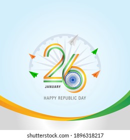 Indian Republic Day with Indian Flag Tri colors Ribbon 26 text with Ashoka wheel on sky Background