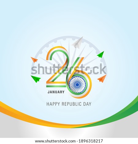 Indian Republic Day with Indian Flag Tri colors Ribbon 26 text with Ashoka wheel on sky Background