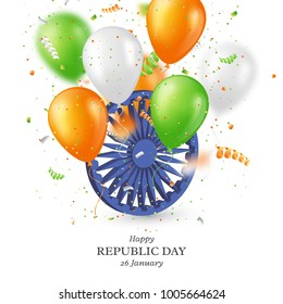 Indian republic day holiday background. 3d wheel with balloons in traditional tricolor of indian flag and confetti. Vector illustration.