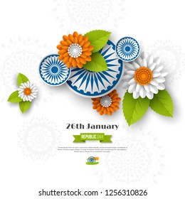 Indian Republic day holiday design. 3d wheels, flowers with leaves in traditional tricolor of Indian flag. Paper cut style. White background. Vector illustration.