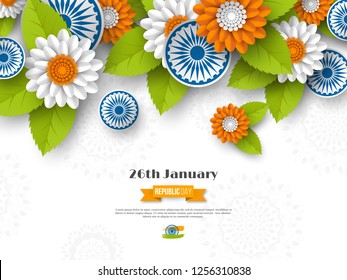 Indian Republic day holiday design. 3d wheels, flowers with leaves in traditional tricolor of Indian flag. Paper cut style. White background. Vector illustration.