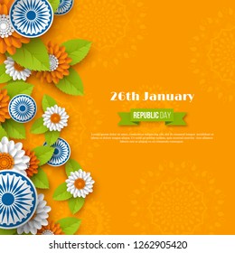 Indian Republic day holiday design. 3d wheels, flowers with leaves in traditional tricolor of Indian flag. Paper cut style. Orange background. Vector illustration.