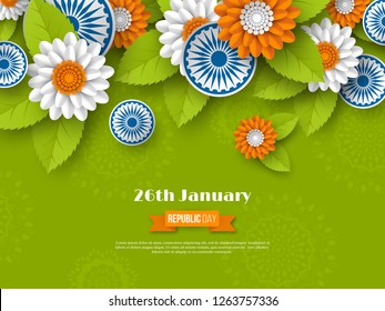 Indian Republic day holiday design. 3d wheels, flowers with leaves in traditional tricolor of Indian flag. Paper cut style. White background. Vector illustration.