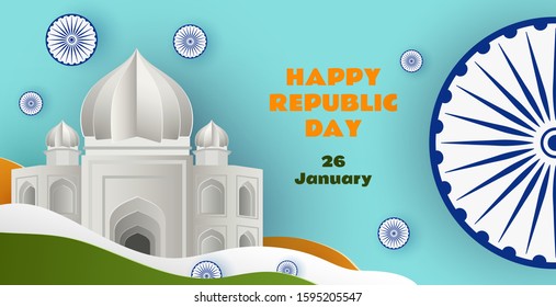 Indian Republic day holiday design. 3d Ashoka Wheel, traditional tricolor of Indian flag. Illustration of Taj Mahal in Paper cut style. Celebration poster or banner vector background. 26 January.