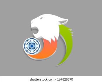 Indian Republic Day or Independence Day background with ashoka wheel, national animal Tiger and national tricolour flag on grey background.