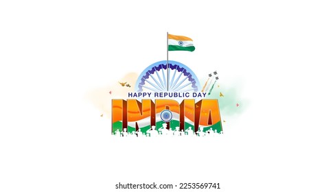 Indian Republic day parade background. Happy Republic day of India 3D text with army soldier fighter jet and Tricolor flag.