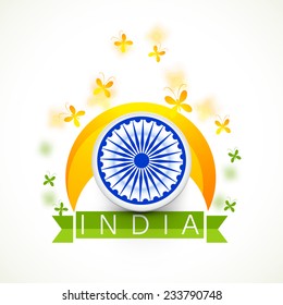 Indian Republic and Independence Day celebration concept with ashoka wheel, and butterflies in national flag color on shiny background.