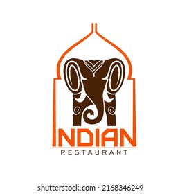 Indian restaurant icon with elephant for India cuisine food, vector emblem. Indian cuisine and kitchen symbol of elephant and Maharajah temple, chef curry bar or vegetarian cafe badge