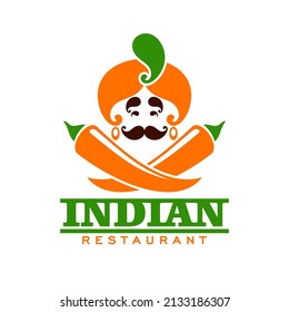 Indian restaurant icon with Hindu and peppers, vector India cuisine food and kitchen emblem. Indian cuisine Maharajah in turban with chili peppers, guru chef curry bar or vegetarian cafe sign