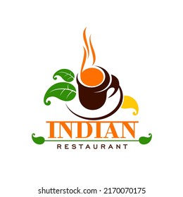 Indian restaurant icon with tea. Asian cuisine, indian food cafe or restaurant vector symbol, colorful emblem or simple icon with cup of steaming hot drink, culinary herbs or spices