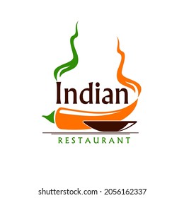 Indian restaurant icon with vector bowl of spice food and hot red chilli pepper. Isolated emblem of Indian or Asian cuisine restaurant, vegetarian cafe, vegan bistro or ethnic cafeteria design