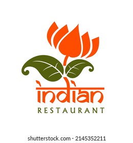 Icono de restaurante indio, emblema vectorial con flor floreciente con pétalos naranjas y hojas verdes aisladas en fondo blanco. Etiqueta de comida de India para café, diseño de menú o festival de cocina nacional