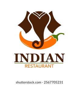 Indian restaurant logo with elephant and chili in flat design. Indian cuisine and kitchen concept.