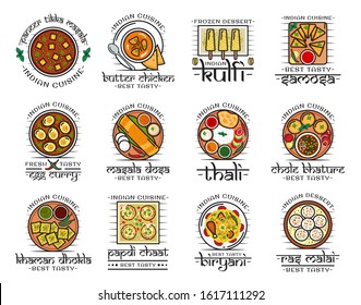 Indian restaurant menu icons, traditional India authentic cuisine food and cafe signs. Vector Indian meal vegetarian vegetables, desserts and curry rice, tandoori meat and fish, pastry and naan bread