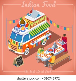 Indian restaurant Spicy menu Curry Masala Food Truck. Delivery Master India Street Chef. 3D Flat Vector Template Web Set Isometric Vehicle Van. Take Away Dishes Alternative Cuisine search illustration