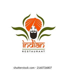 Icono vectorial de restaurante indio del chef con turbante naranja, bigote negro y barba, especias y hojas de hierbas. Restaurante árabe, cafetería de cocina india o bar étnico símbolo aislado con gurú de la cocina