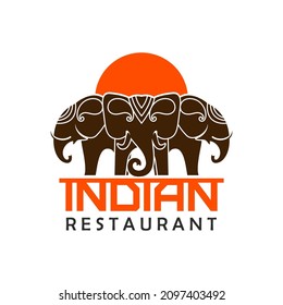 Indian restaurant vector icon of elephants holding orange sun with curved trunks, ivory tusks and ethnic ornaments. Traditional vegetarian dishes of Indian cuisine spice food menu symbol