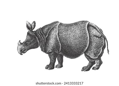 Indian rhinoceros (Rhinoceros unicornis). Doodle sketch. Vintage vector illustration.