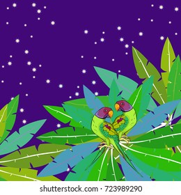 Indian ringed parrot ozherelovy parrot on the star sky on palm  Vector illustration  