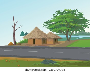 Indian road side farmer house. rural agricultural land. with two small huts.