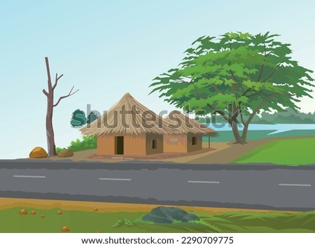 Indian road side farmer house. rural agricultural land. with two small huts.